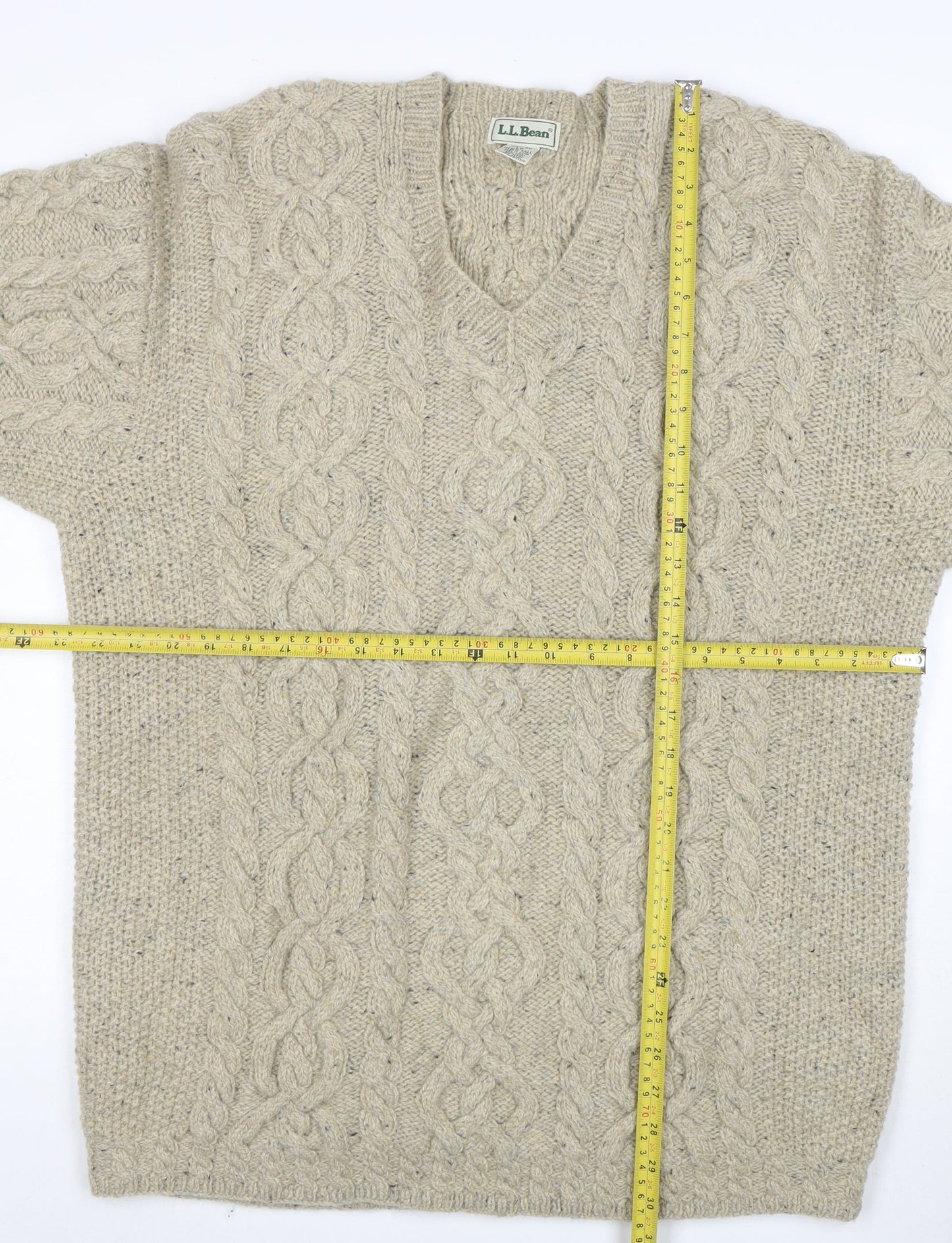 L.L. Bean Men Beige Wool Cable Knit V-Neck Jumper L Tall