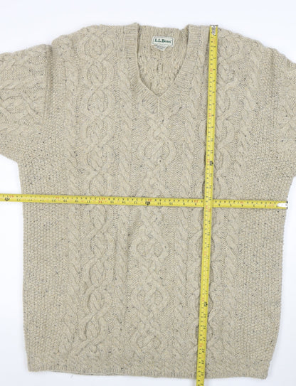L.L. Bean Men Beige Wool Cable Knit V-Neck Jumper L Tall