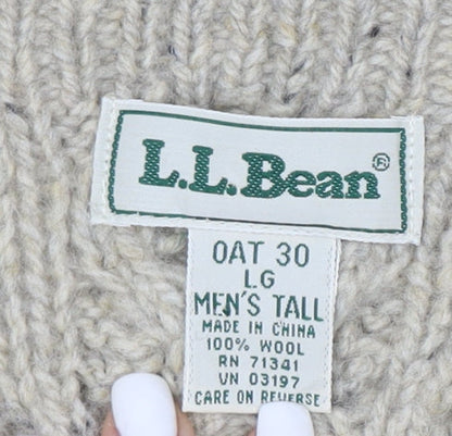 L.L. Bean Men Beige Wool Cable Knit V-Neck Jumper L Tall