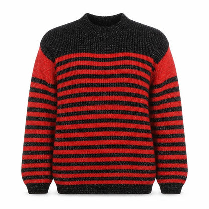 American Pride Women's Red Black Striped Chunky Knit Jumper M