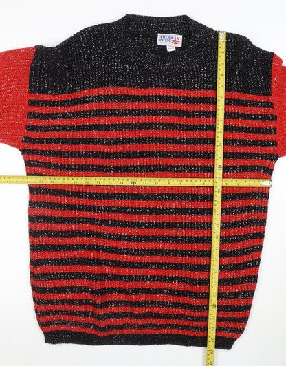 American Pride Women's Red Black Striped Chunky Knit Jumper M