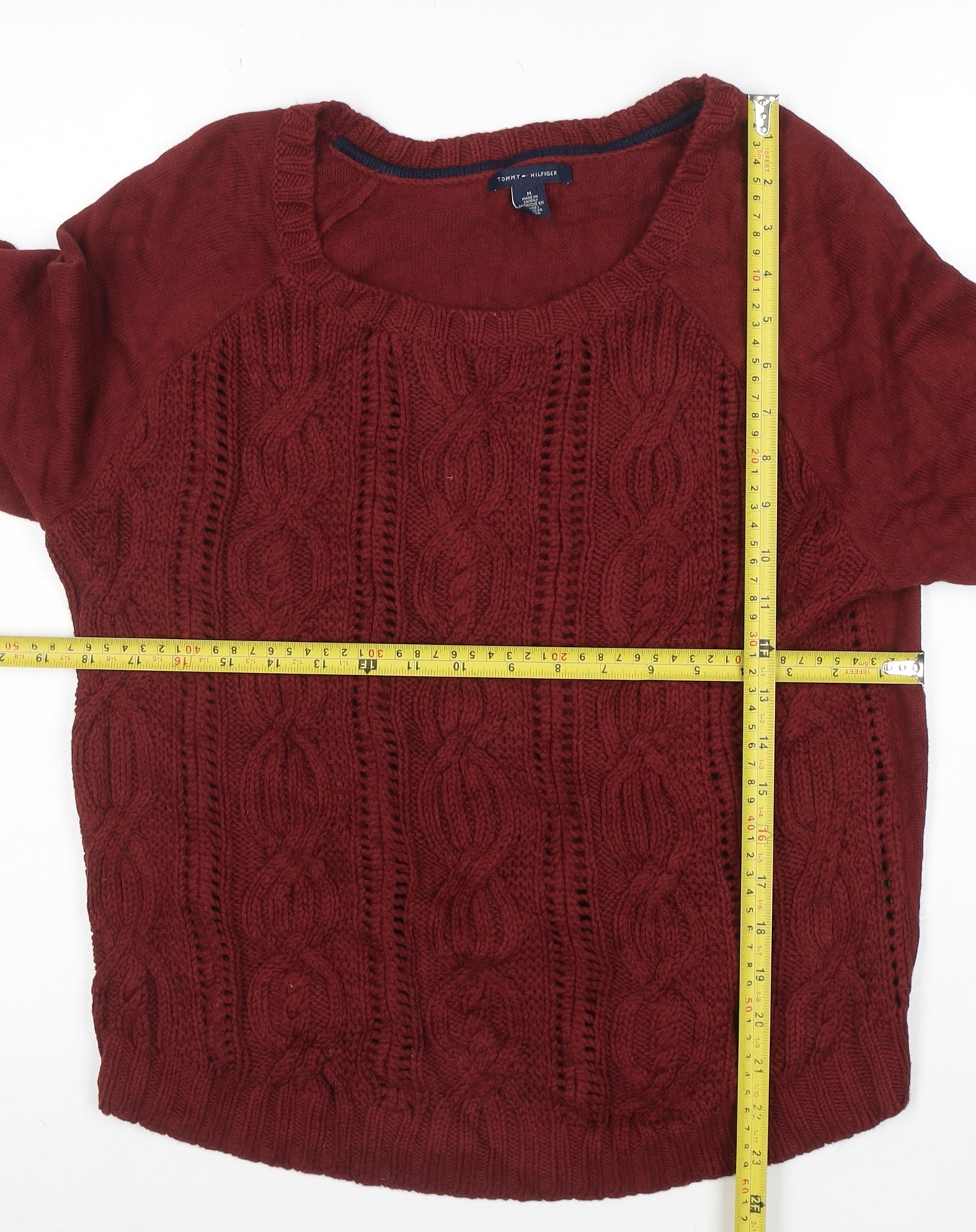 Tommy Hilfiger Women Burgundy M Cable-Knit Crew Neck Jumper