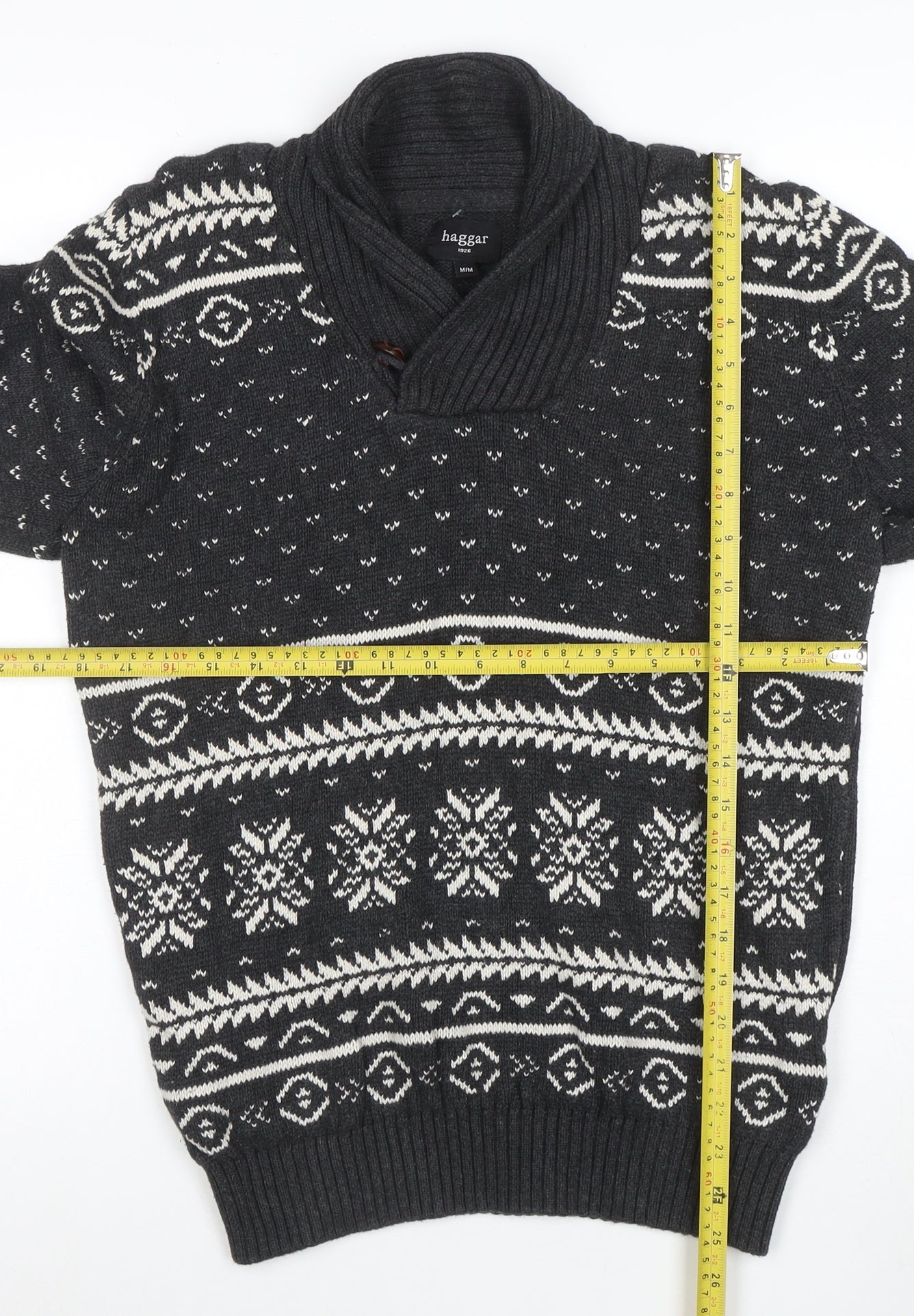 Haggar Men's Grey Fair Isle Shawl Neck Cotton Jumper Size M