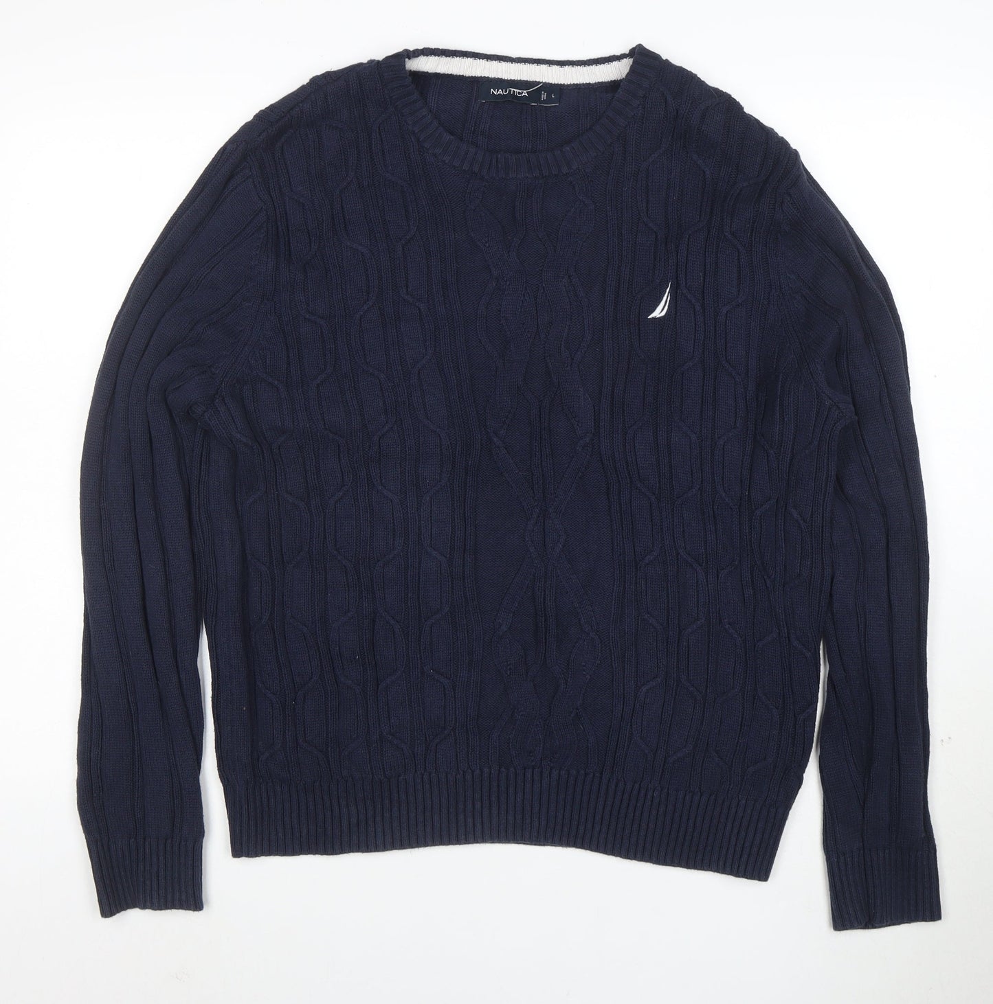 Nautica Men's Blue Cotton Cable-Knit Crew Neck Jumper Size L