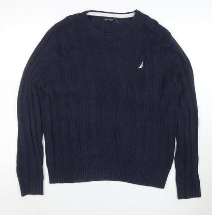 Nautica Men's Blue Cotton Cable-Knit Crew Neck Jumper Size L