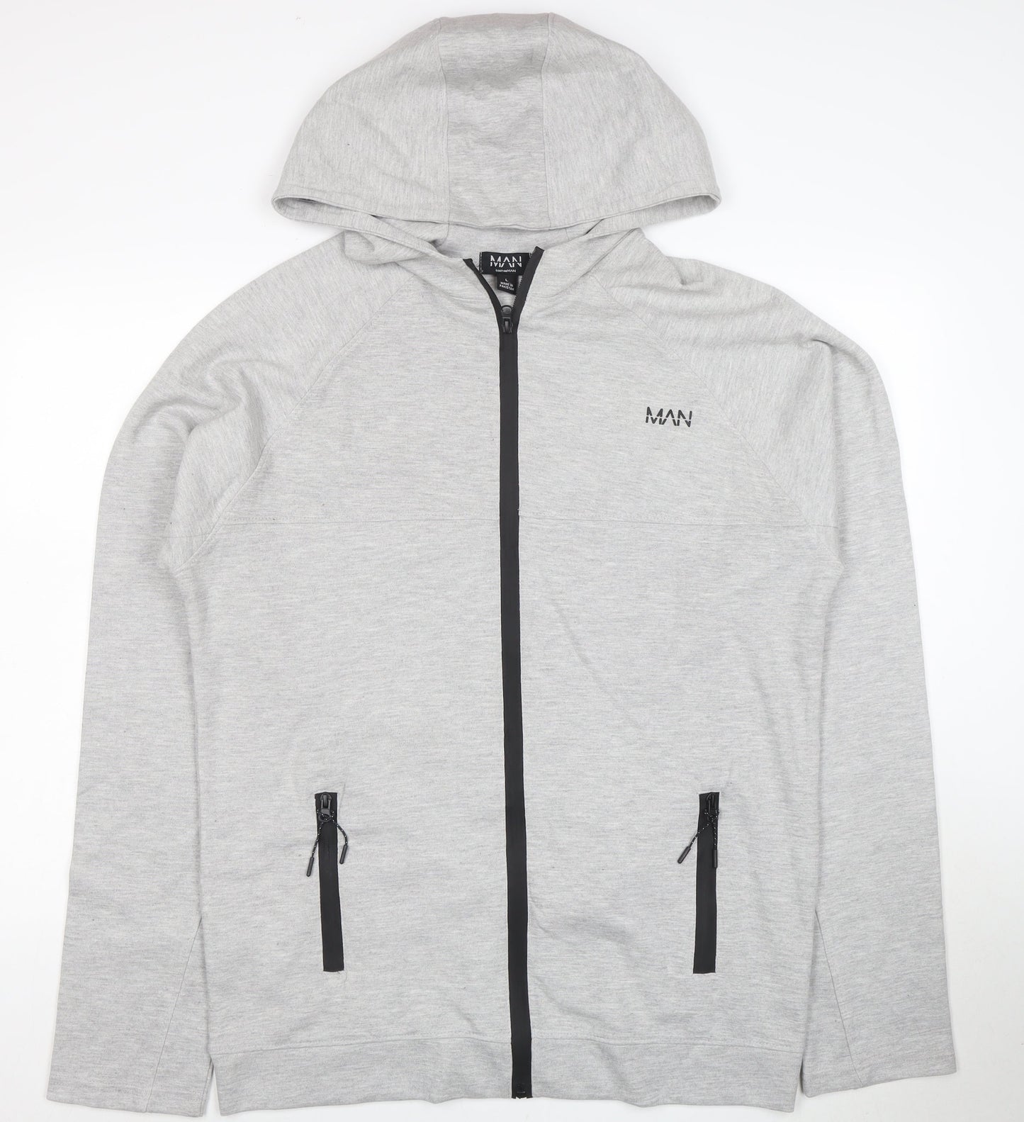 boohooMAN Men's Grey Full Zip Hoodie Size L Lightweight Hooded Sweatshirt
