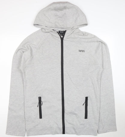 boohooMAN Men's Grey Full Zip Hoodie Size L Lightweight Hooded Sweatshirt