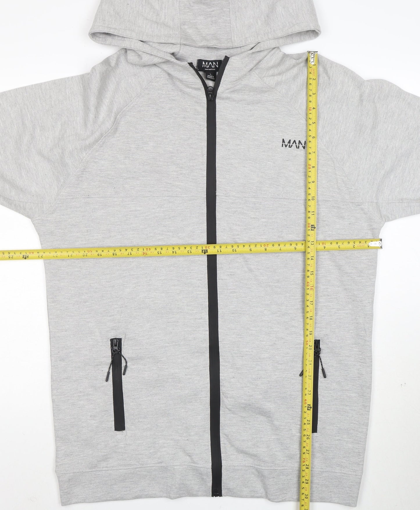 boohooMAN Men's Grey Full Zip Hoodie Size L Lightweight Hooded Sweatshirt