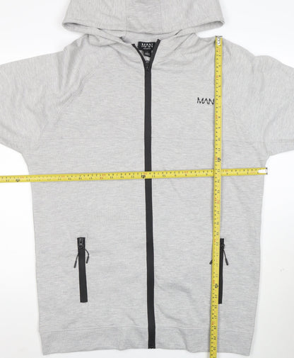 boohooMAN Men's Grey Full Zip Hoodie Size L Lightweight Hooded Sweatshirt