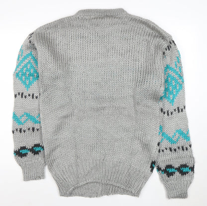 Club International Men's Grey Chunky Knit Geometric Pullover Jumper S