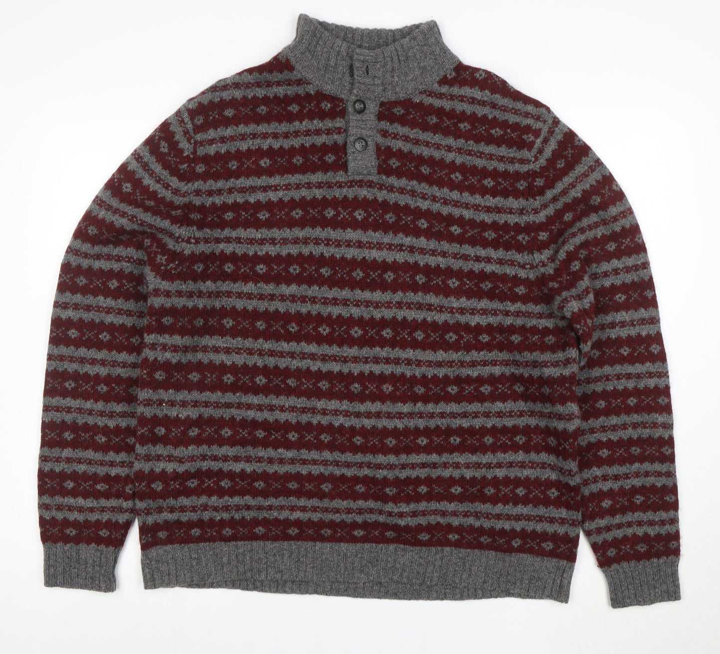 Eddie Bauer Mens Grey Wool Fair Isle Henley Jumper Size L