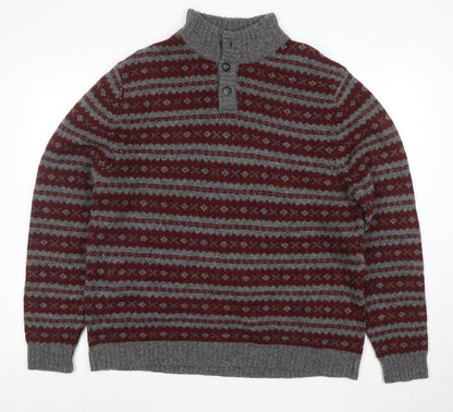 Eddie Bauer Mens Grey Wool Fair Isle Henley Jumper Size L