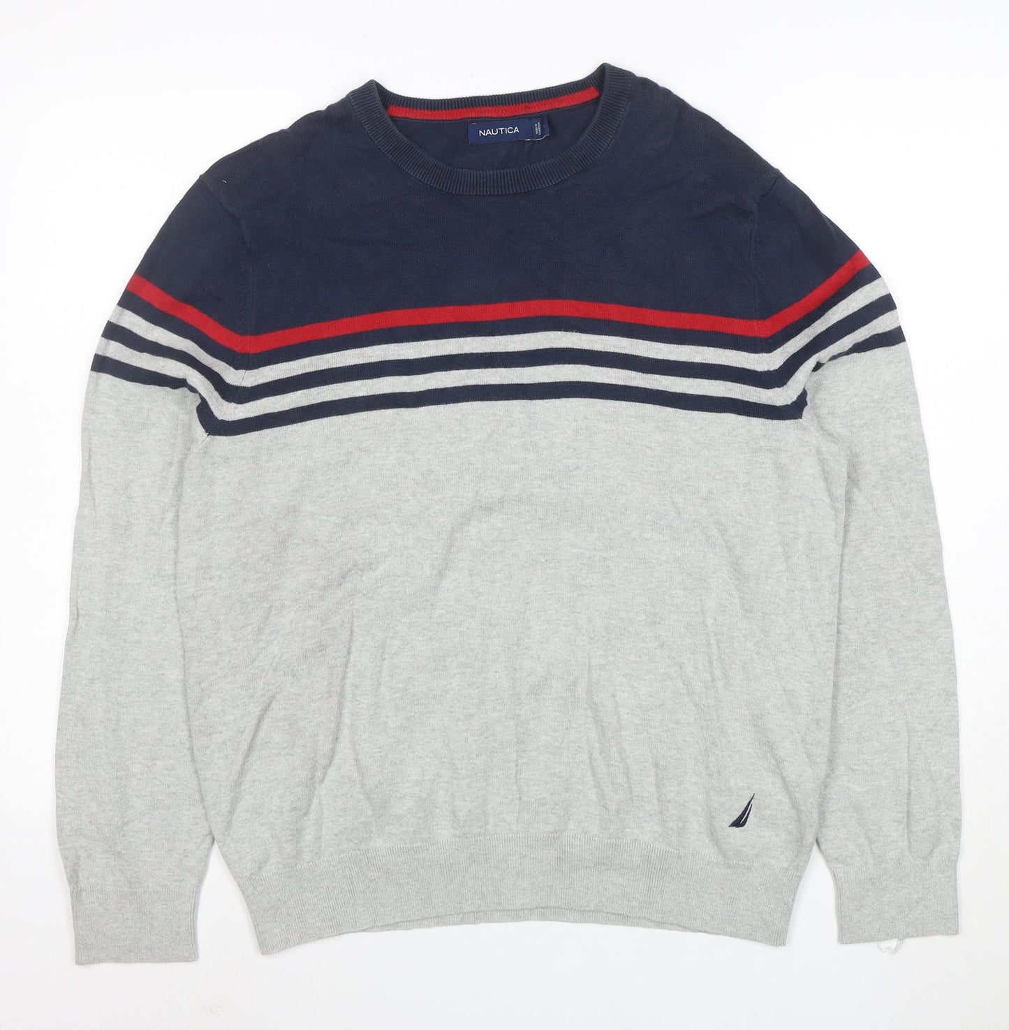 Nautica Men’s Grey Navy Striped Cotton Crew Neck Jumper M