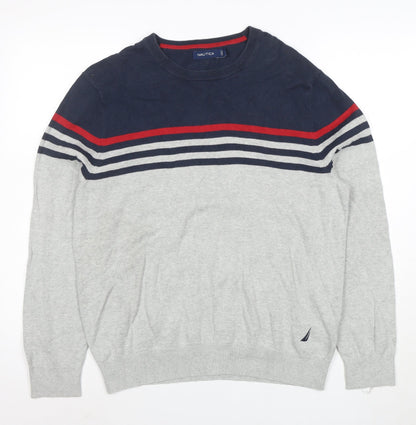 Nautica Men’s Grey Navy Striped Cotton Crew Neck Jumper M