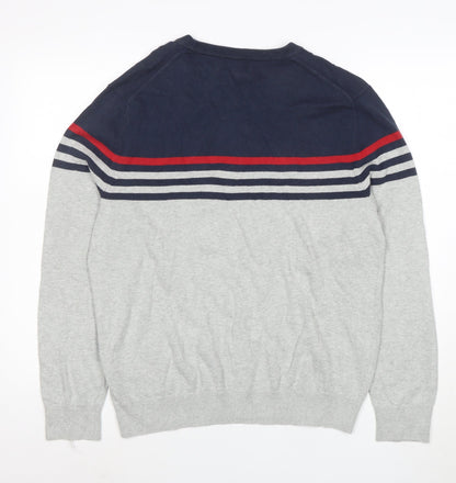 Nautica Men’s Grey Navy Striped Cotton Crew Neck Jumper M