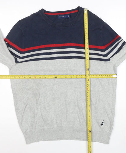 Nautica Men’s Grey Navy Striped Cotton Crew Neck Jumper M