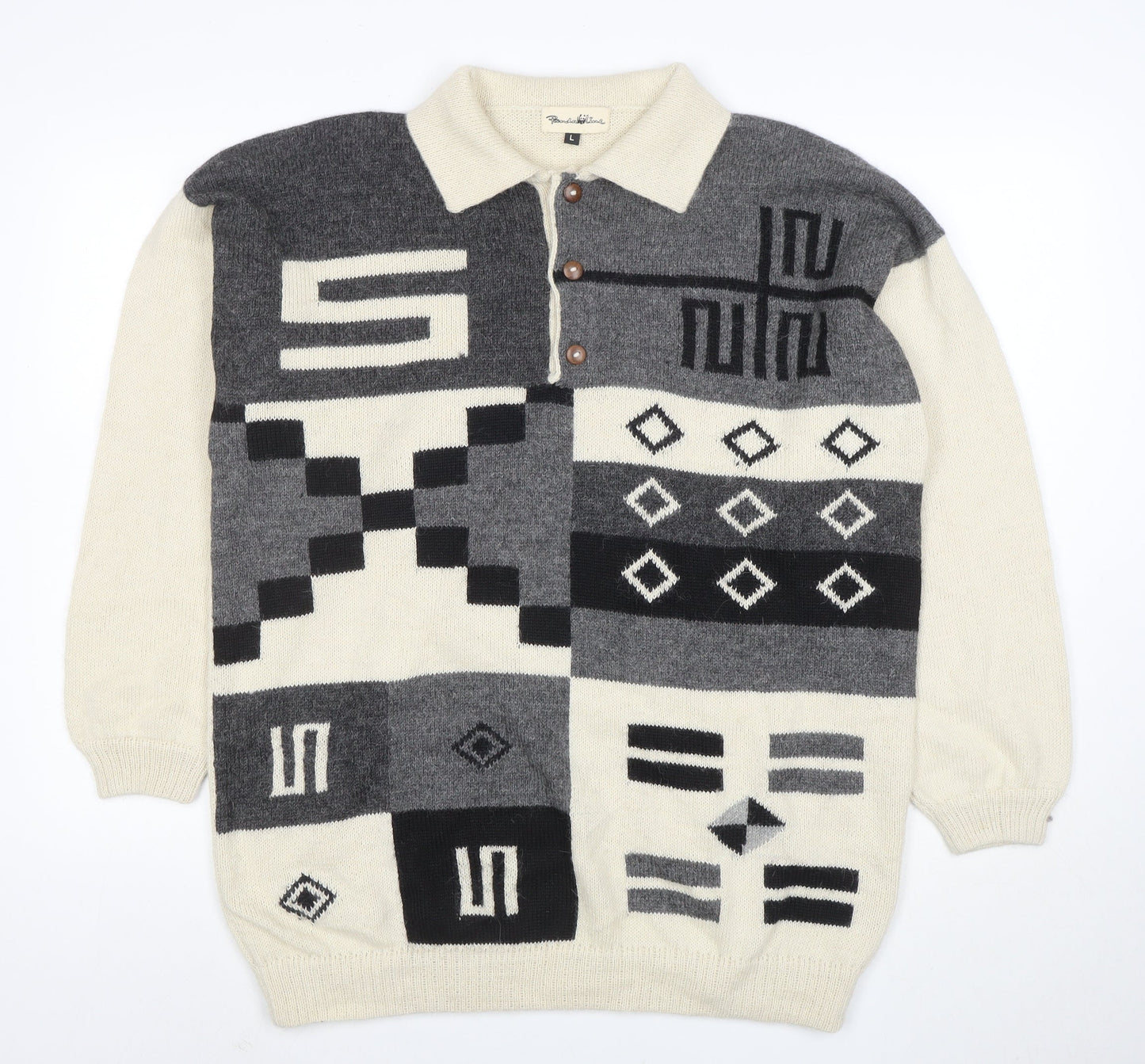 Panda Line Men's Beige Wool Henley Jumper L Geometric Knit