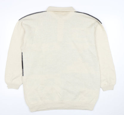 Panda Line Men's Beige Wool Henley Jumper L Geometric Knit