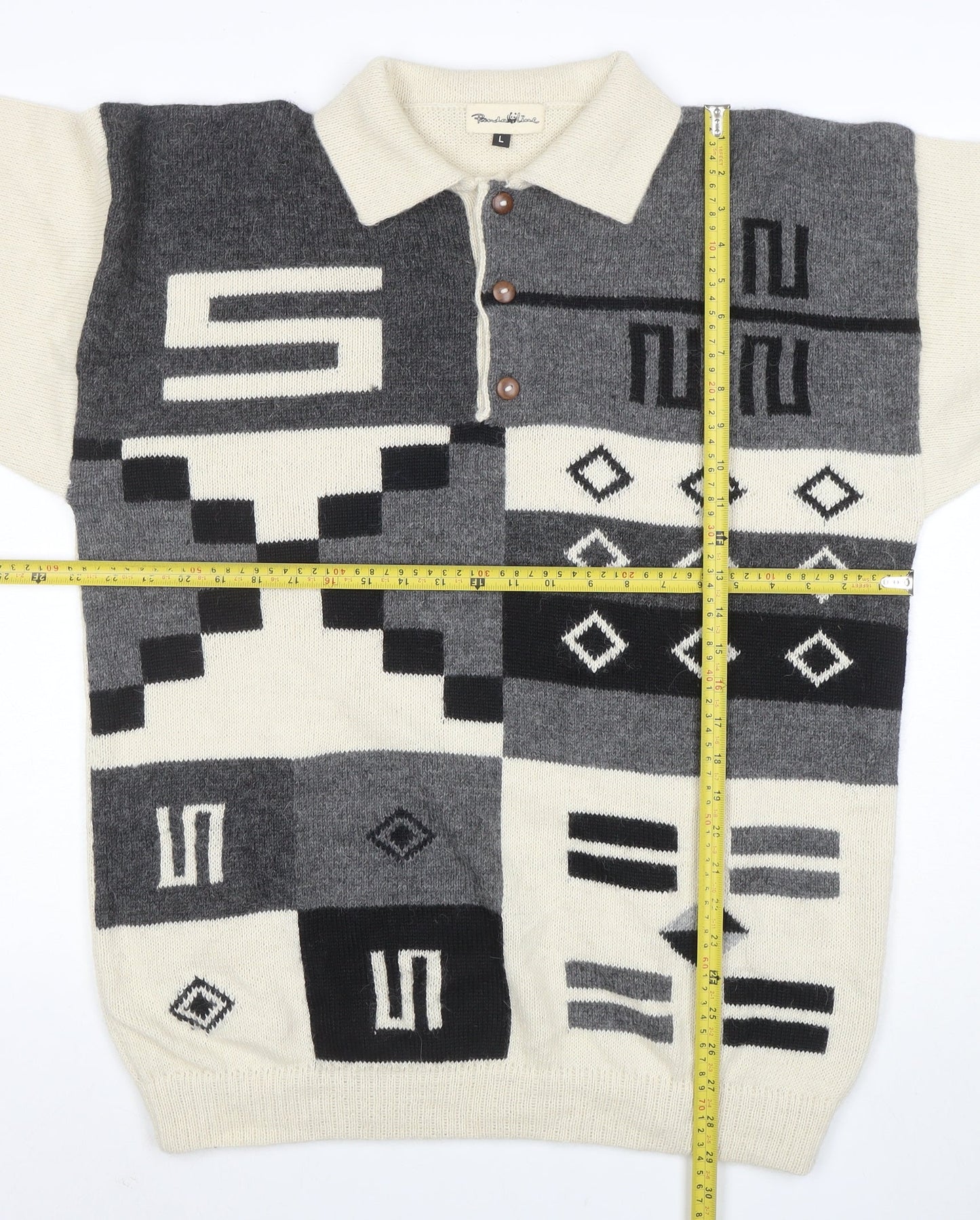 Panda Line Men's Beige Wool Henley Jumper L Geometric Knit