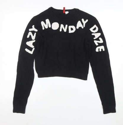 H&M Divided Womens Black XS Knit Pullover Jumper Crew Neck 'Lazy Monday Daze'