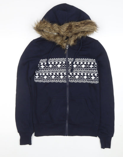 Brave Soul Womens Navy Faux Fur Hooded Full Zip Hoodie XS