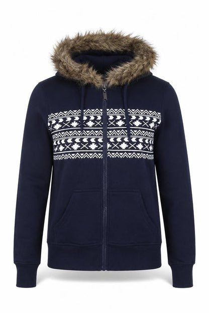 Brave Soul Womens Navy Faux Fur Hooded Full Zip Hoodie XS