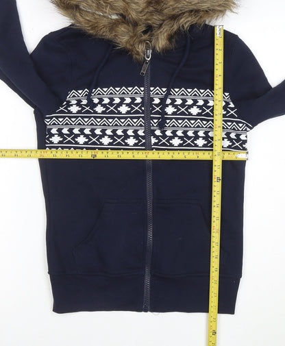 Brave Soul Womens Navy Faux Fur Hooded Full Zip Hoodie XS