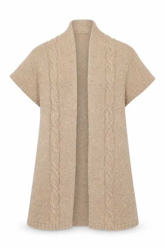 EAST Women Beige Cable Knit Short Sleeve Open Cardigan M