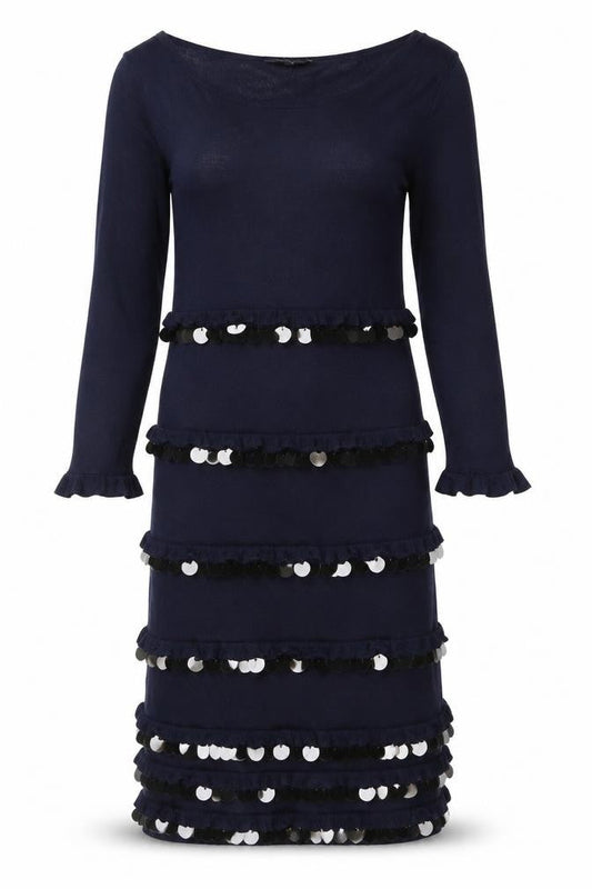 Front view of French Connection Women's Blue Sequin Long Sleeve Bodycon Dress, size 10