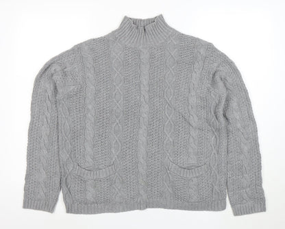 Jeanne Pierre Women's Grey Cable-Knit Mock Neck Cotton Jumper L