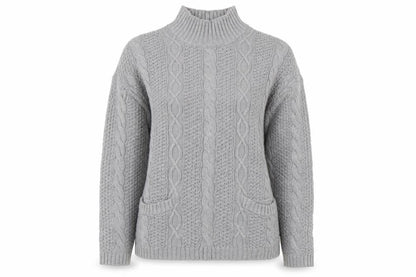 Jeanne Pierre Women's Grey Cable-Knit Mock Neck Cotton Jumper L