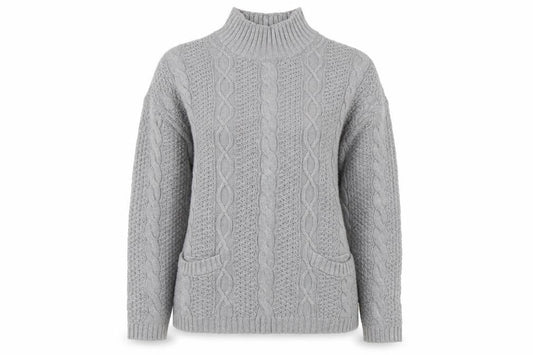 Jeanne Pierre Women's Grey Cable-Knit Mock Neck Cotton Jumper L