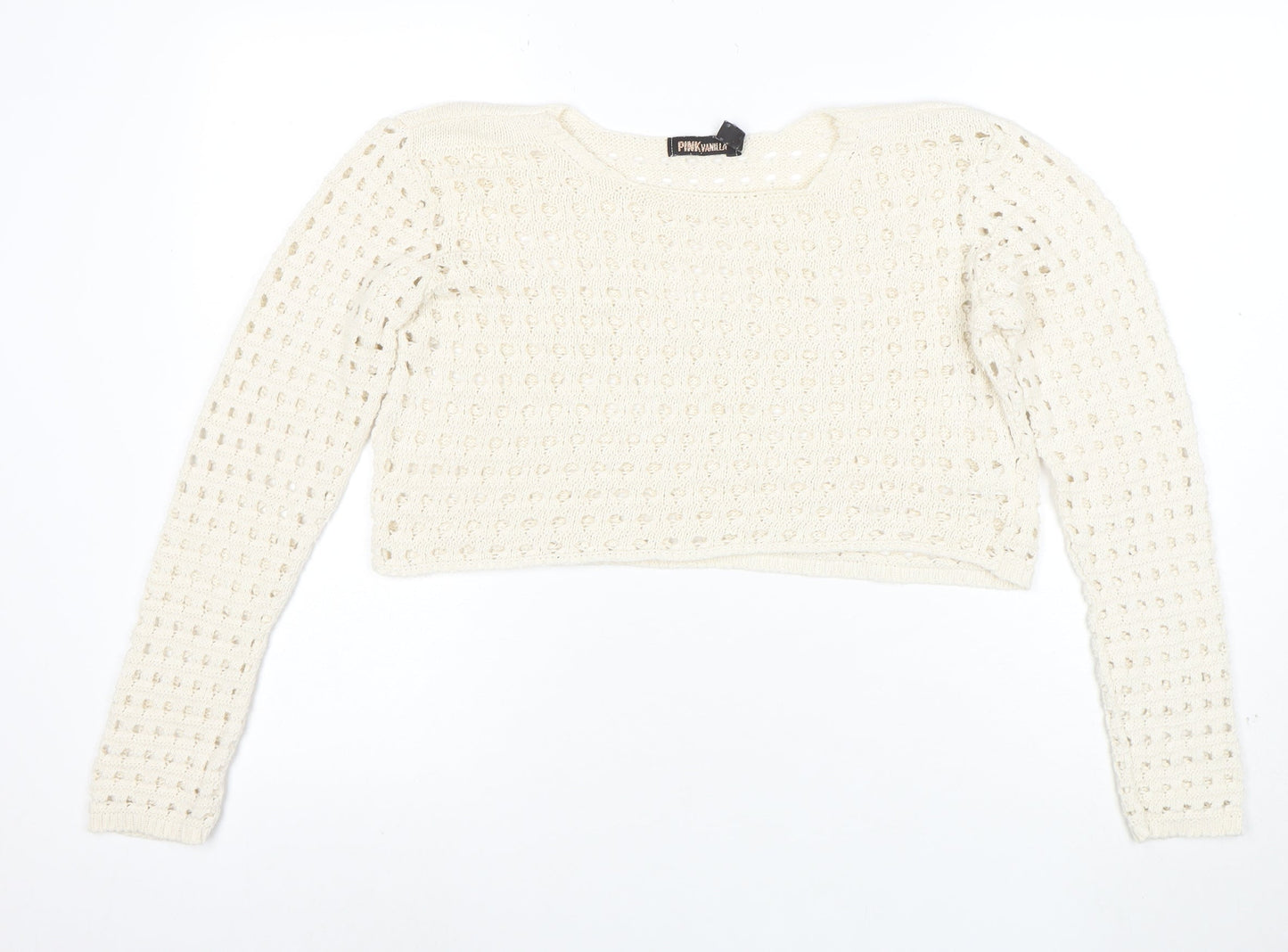 Pink Vanilla Women Ivory Crochet Knit Cropped Long Sleeve Blouse Size S