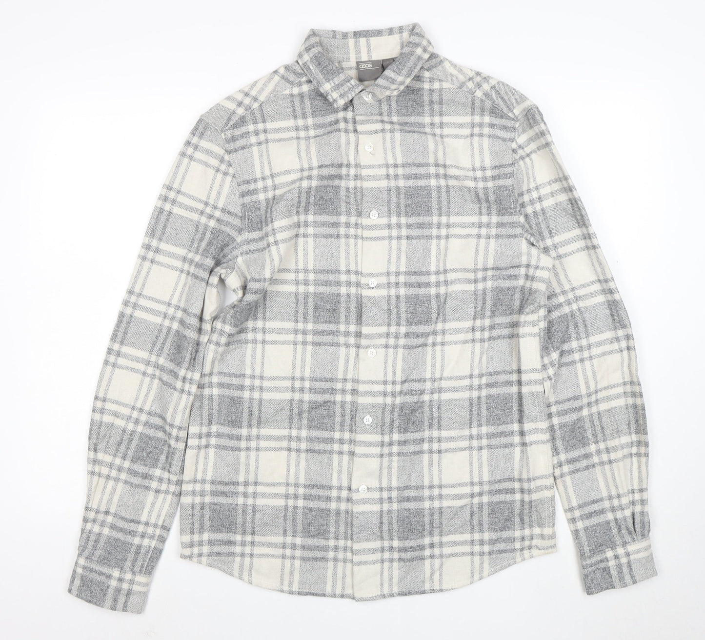 ASOS Men's Grey Checked Flannel Button-Up Shirt Size S