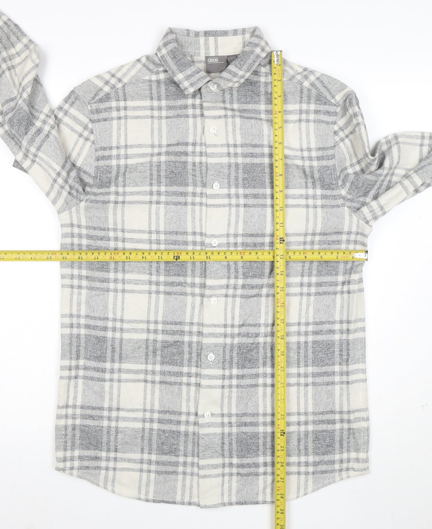 ASOS Men's Grey Checked Flannel Button-Up Shirt Size S