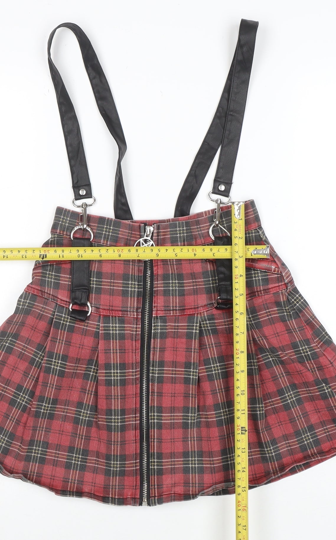 Killstar Women's Red Plaid Pleated Gothic Zip Strap Skirt XS