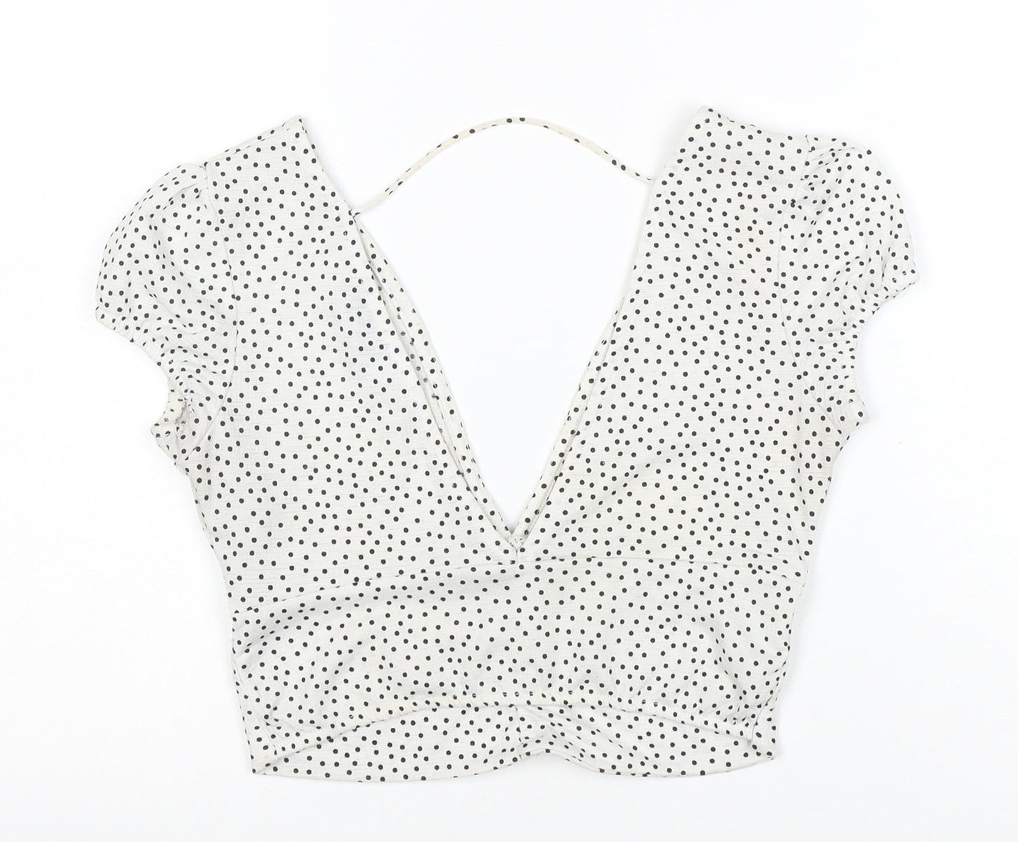 Bershka Women’s White Polka Dot Cropped V-Neck Blouse Size S