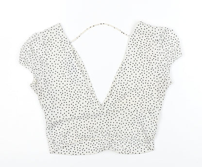 Bershka Women’s White Polka Dot Cropped V-Neck Blouse Size S