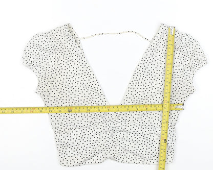 Bershka Women’s White Polka Dot Cropped V-Neck Blouse Size S