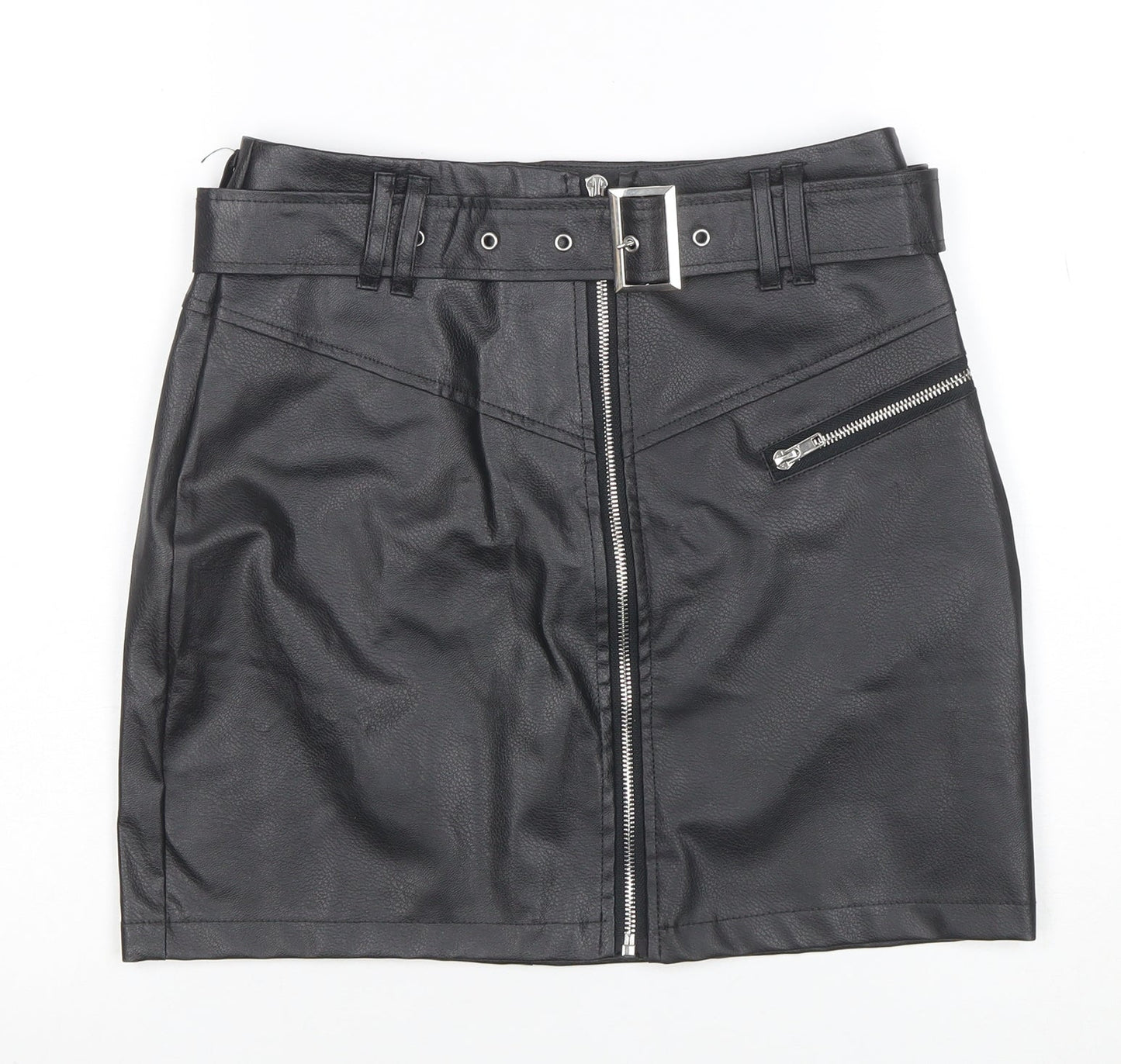Missguided Womens Black Faux Leather Mini Skirt Size 8 High Waist Zip Belted