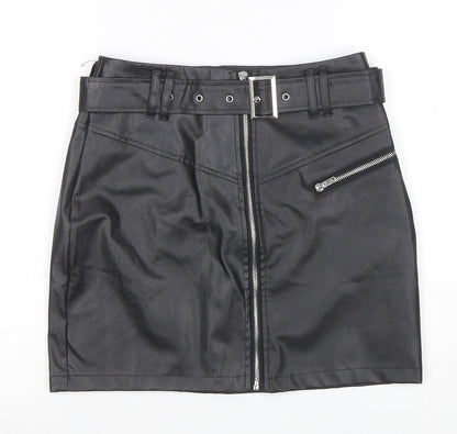 Missguided Womens Black Faux Leather Mini Skirt Size 8 High Waist Zip Belted