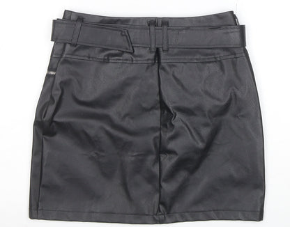 Missguided Womens Black Faux Leather Mini Skirt Size 8 High Waist Zip Belted