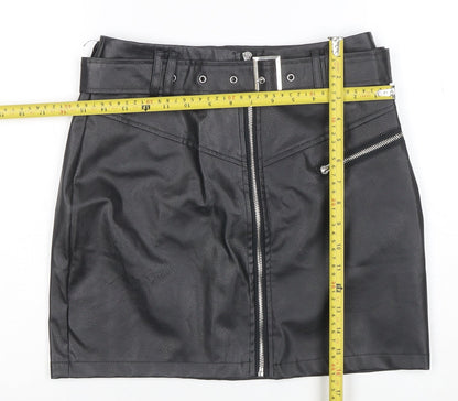 Missguided Womens Black Faux Leather Mini Skirt Size 8 High Waist Zip Belted