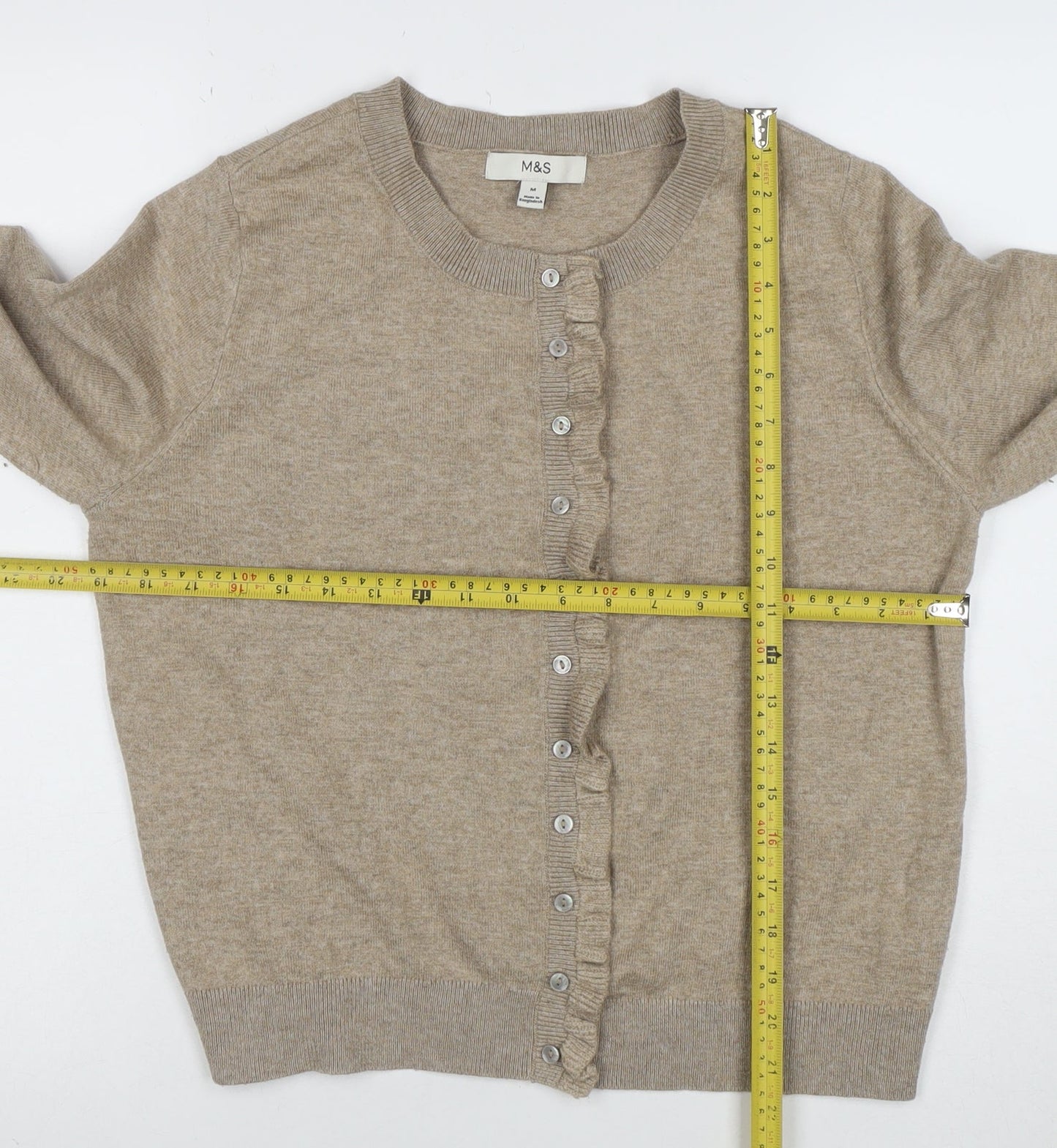 Marks and Spencer Womens Beige Cardigan M Knit Crew Neck Button Ruffle Detail