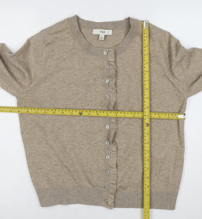 Marks and Spencer Womens Beige Cardigan M Knit Crew Neck Button Ruffle Detail