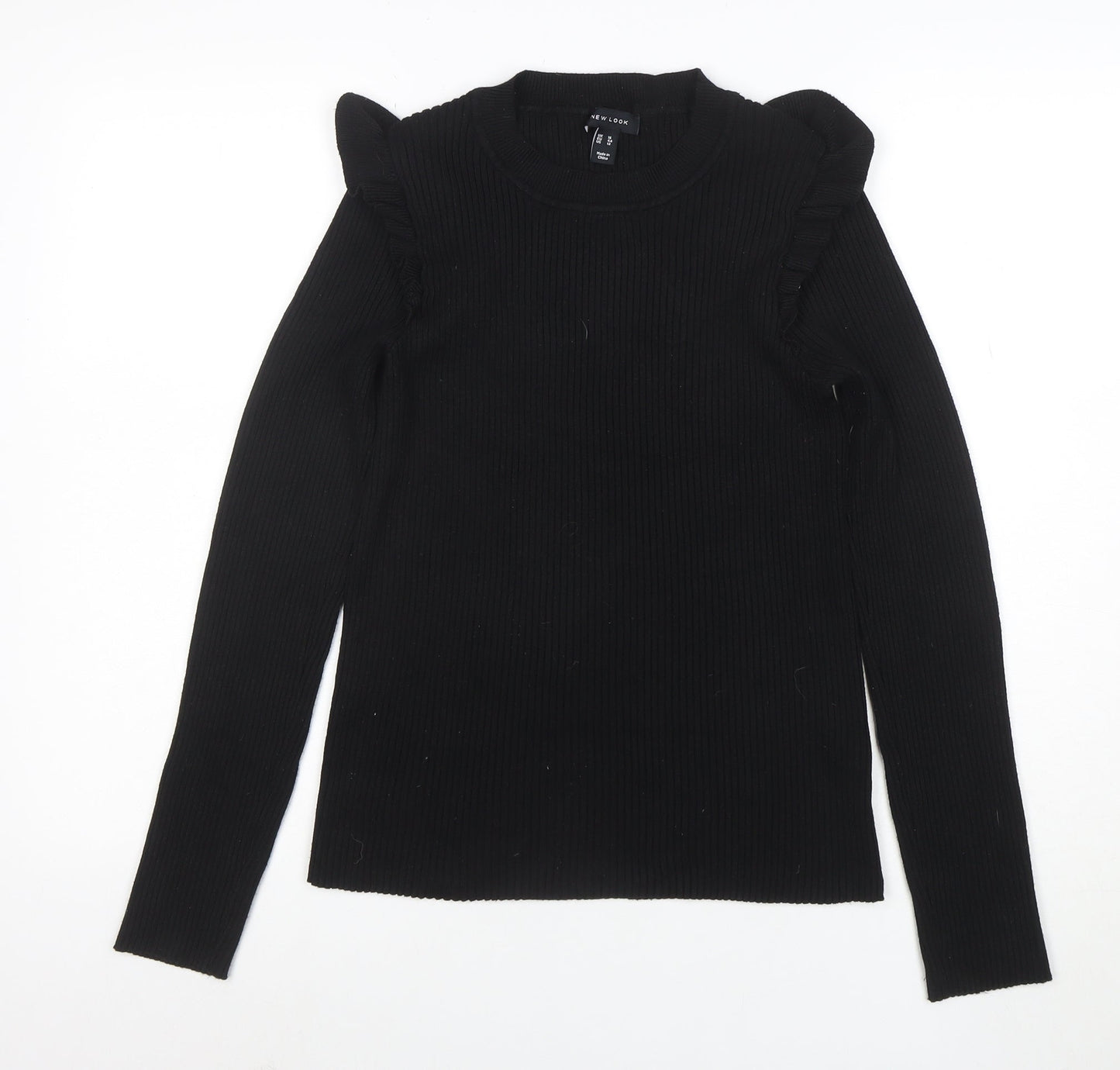 New Look Women's Black Crew Neck Ruffle Sleeve Knit Jumper Size 16