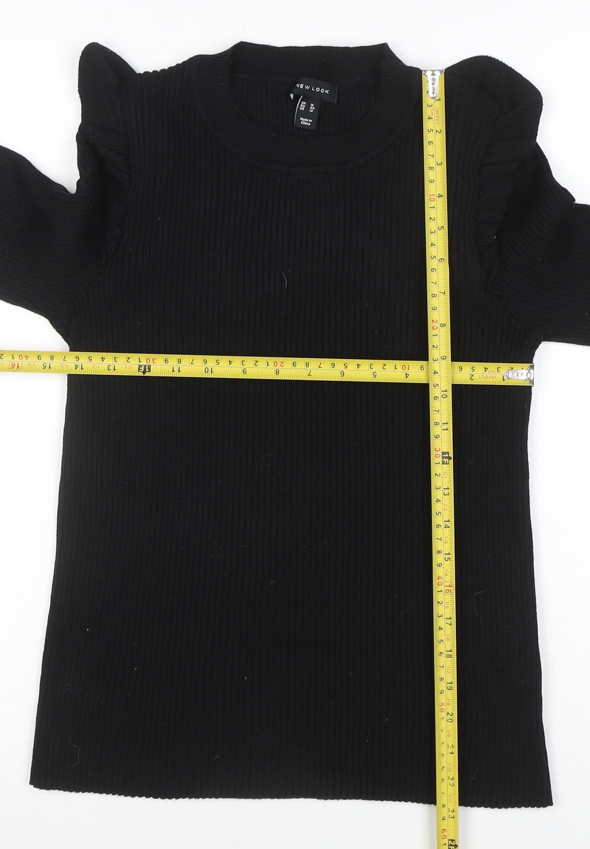 New Look Women's Black Crew Neck Ruffle Sleeve Knit Jumper Size 16