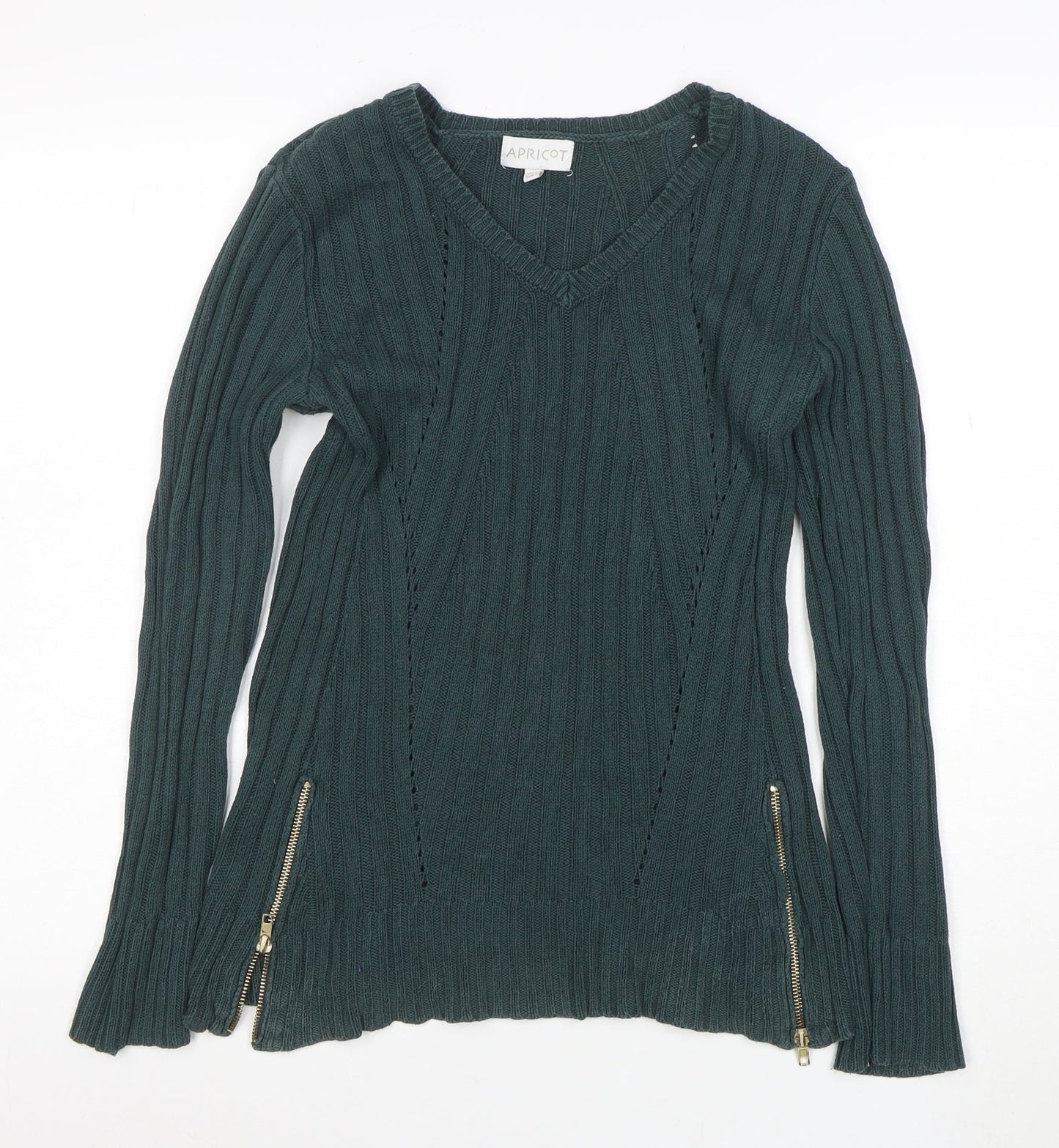 Apricot Women’s Green V-Neck Ribbed Knit Long Sleeve Jumper Size S