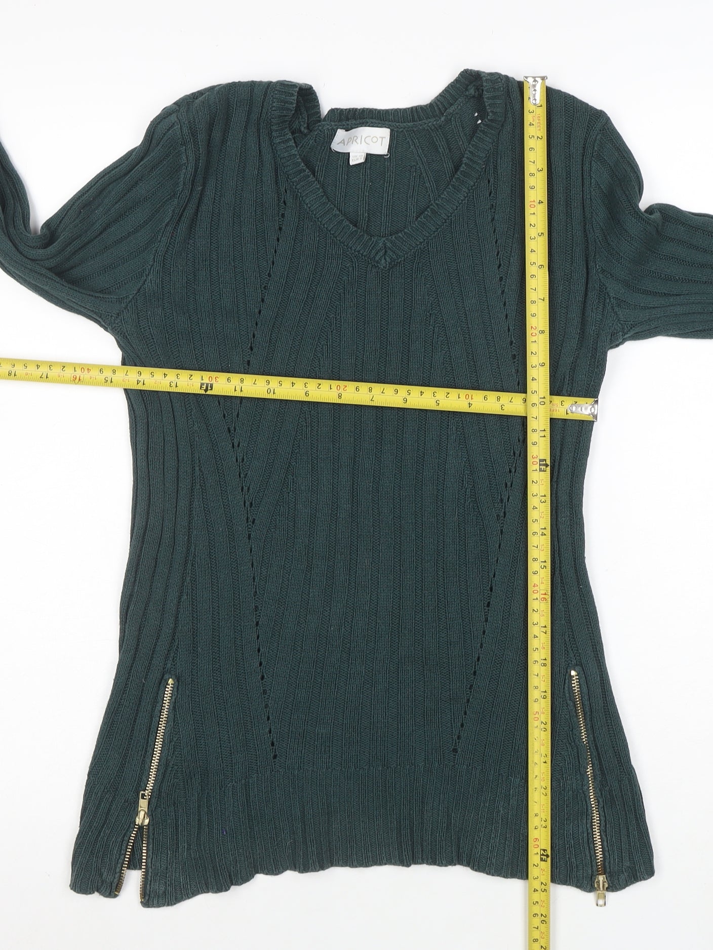Apricot Women’s Green V-Neck Ribbed Knit Long Sleeve Jumper Size S