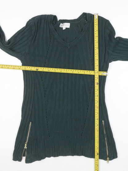 Apricot Women’s Green V-Neck Ribbed Knit Long Sleeve Jumper Size S